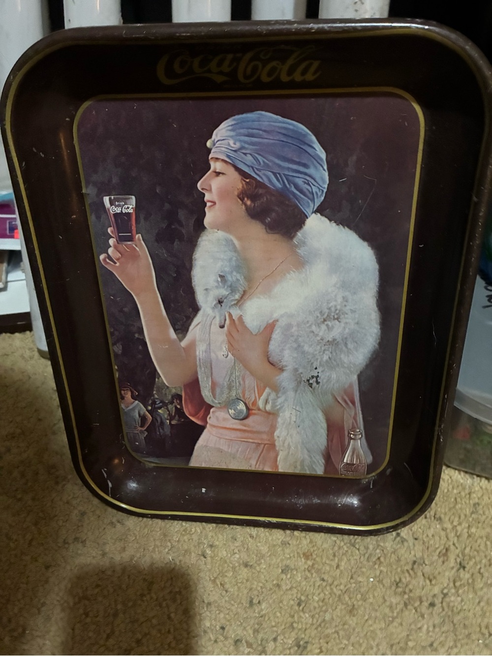 Coca Cola Brown Tray with Blue Headwrap and White Fur